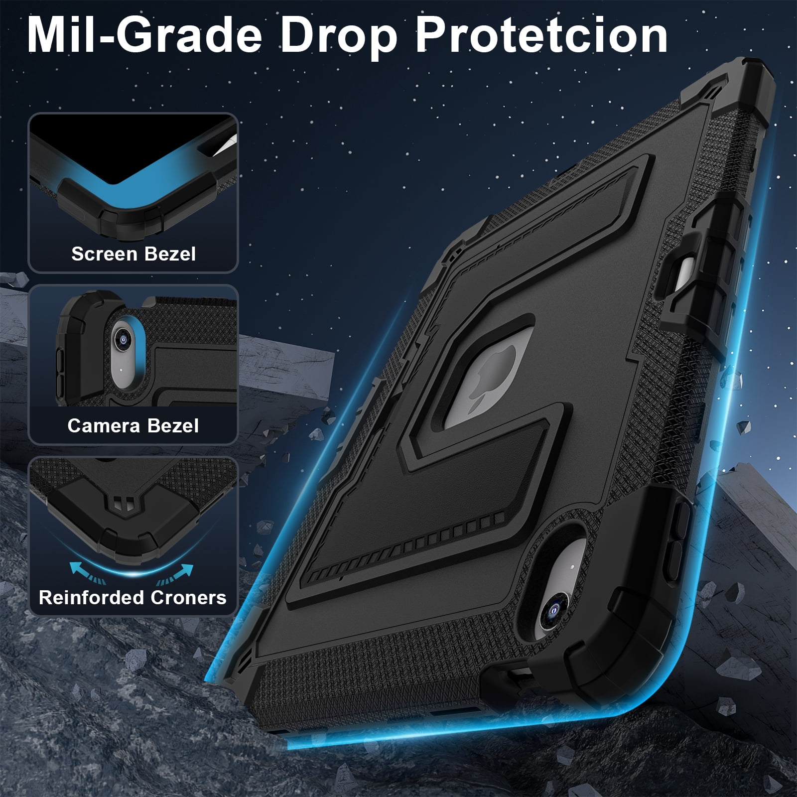 Rugged Case for Apple iPad Air 13 Inch M4 M3 M2 2026/2025/2024, Heavy Duty Tablet Case with Kickstand, Pencil Holder & Detachable Shoulder Strap, Black