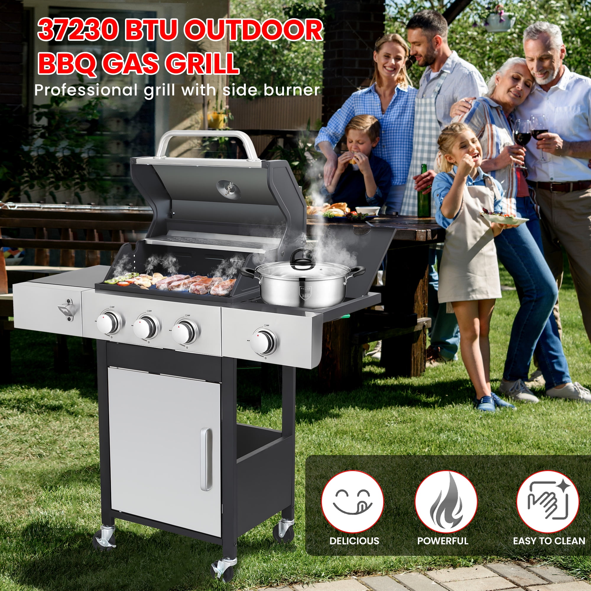37230BTU Propane Barbecue Grill, 3-Burner Gas Grill with Side Burner 37230BTU Output, Portable Outdoor Grill with Lockable Wheels, 2 Cooking Areas, Bottle Opener, Thermometer