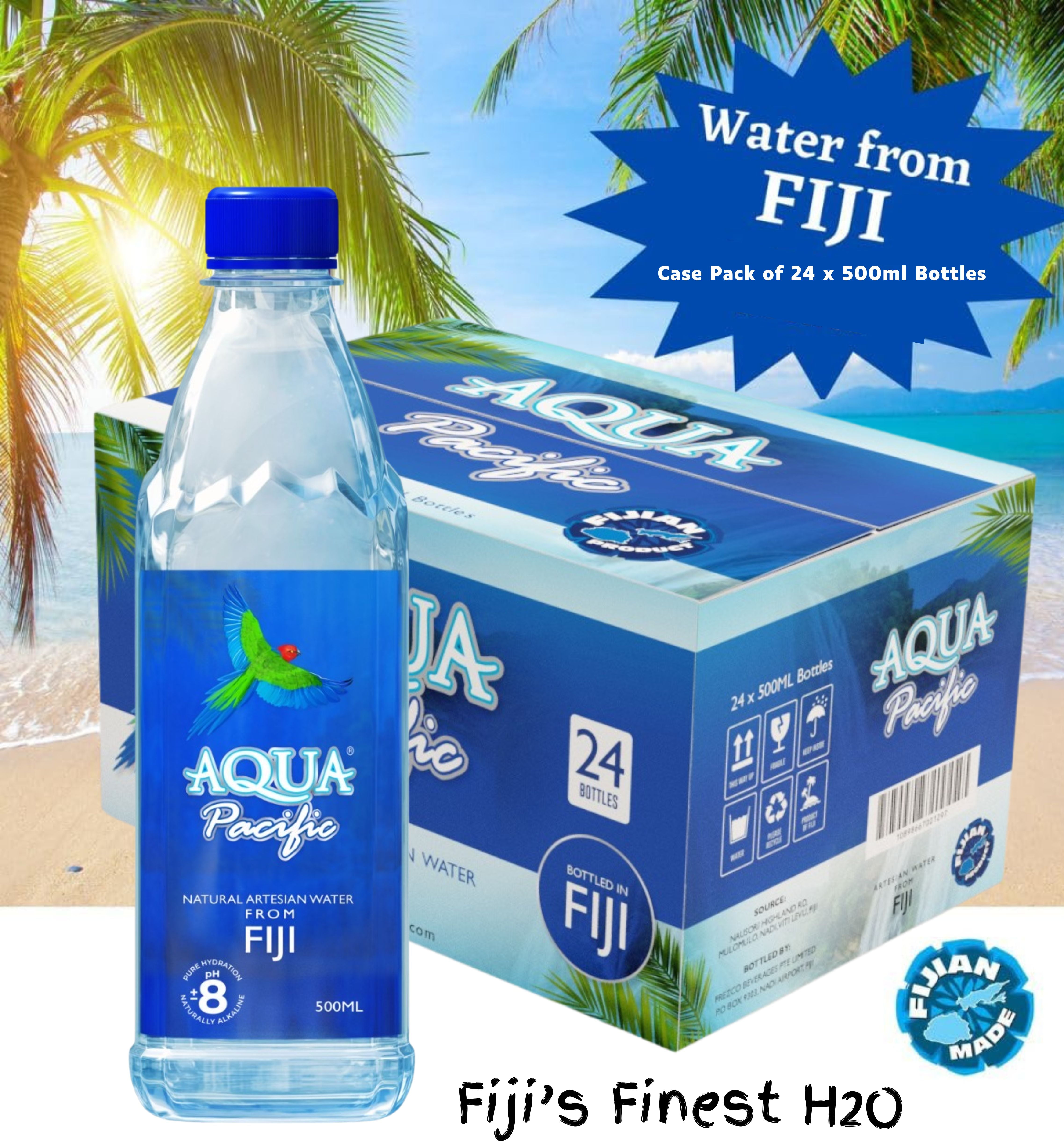 Natural ARTESIAN Mineral Water Case Pack of 24 (500 mL EA Bottle) Discover Fiji's Finest H20, Naturally High pH & Alkaline - Aqua Pacific®