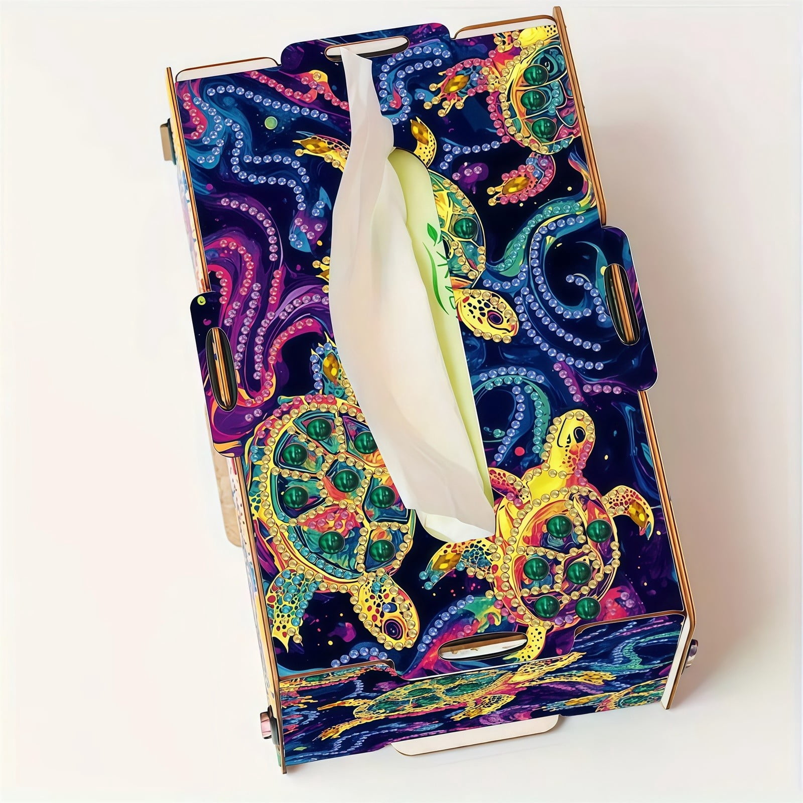 FLOPESN DIY Diamond Art Painting Wooden Assembly Paper Box, 8.86*5.31in, Creative Design Table Decor Rectangular Paper Towel Storage Box-Turtle