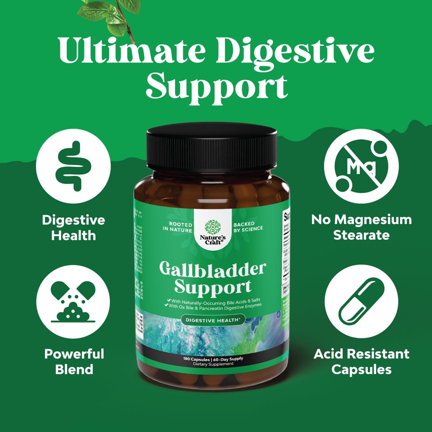 Natures Craft Gallbladder Support Digestive Enzymes with Purified Bile Salts & Pancreatin, 180 Caps