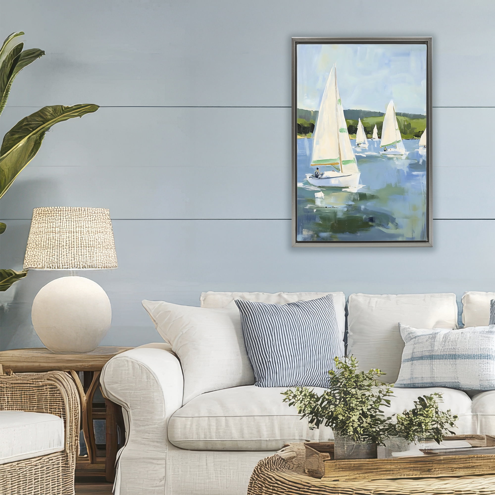 Stupell Industries Boat Race Regatta Gray Framed Floater Canvas Wall Art, design by Petal Prints Design