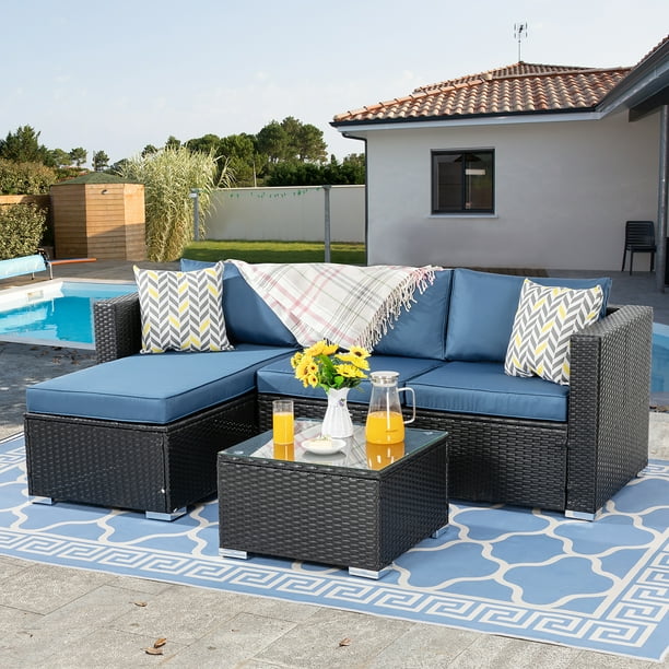 Walsunny 3 Piece Outdoor Furniture Sectional Sofa Patio Set with Black