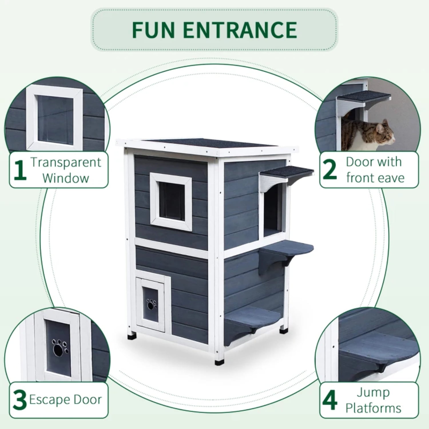 Pefilos 32" 2-Story Cat House for Outdoor Cats, Weatherproof Cat Shelter with Escape Door, Wood Cat Condo for 3 Adult Cats, Dark Gray