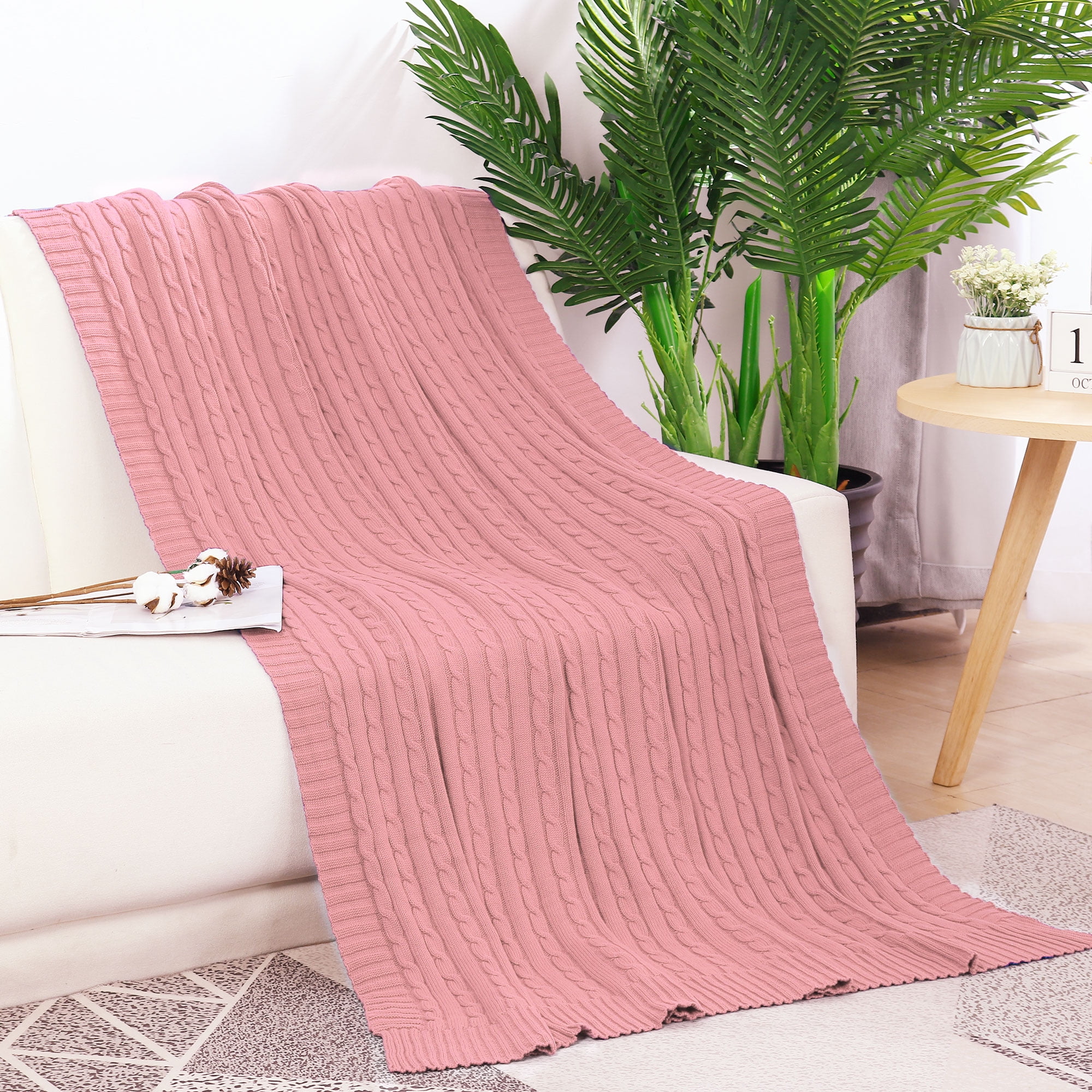 PiccoCasa Decorative Cotton Cable Knitted Throw Blanket, 50"x60" Pink