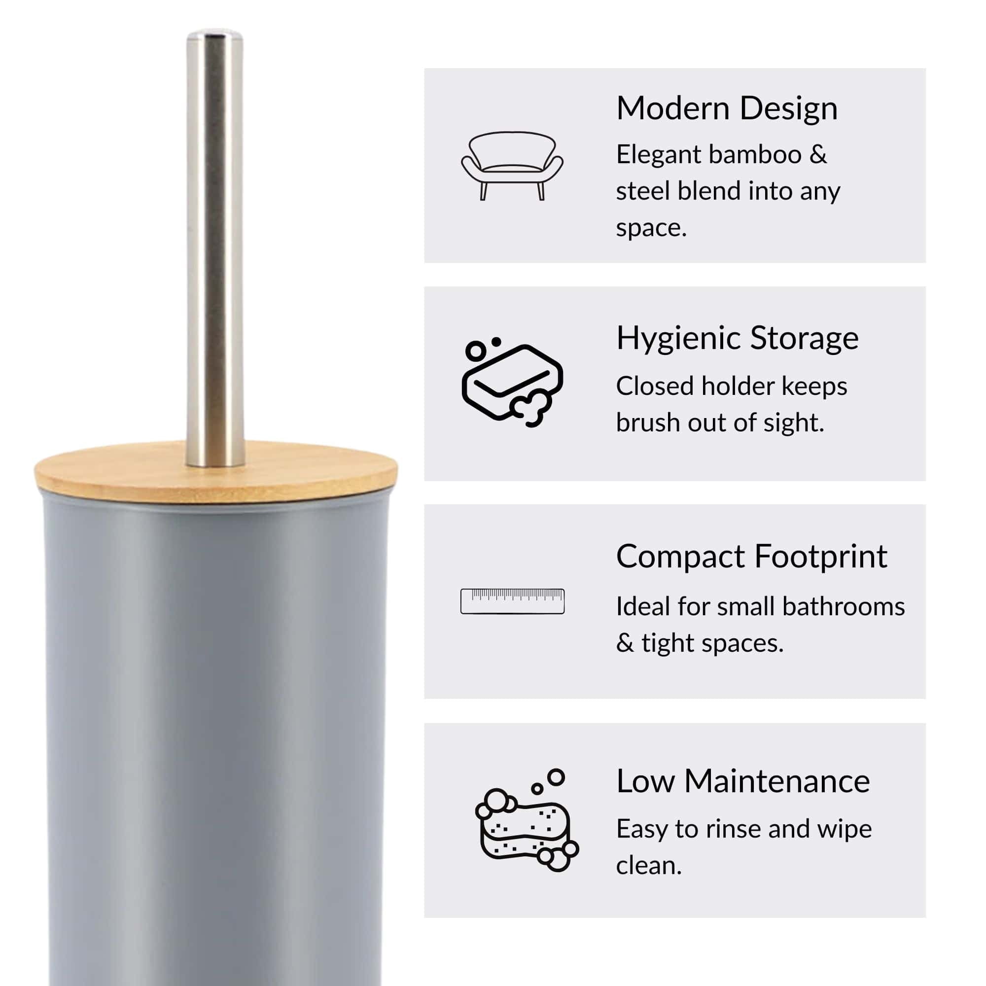 Gray Metal Toilet Brush and Holder Set With Bamboo Lid