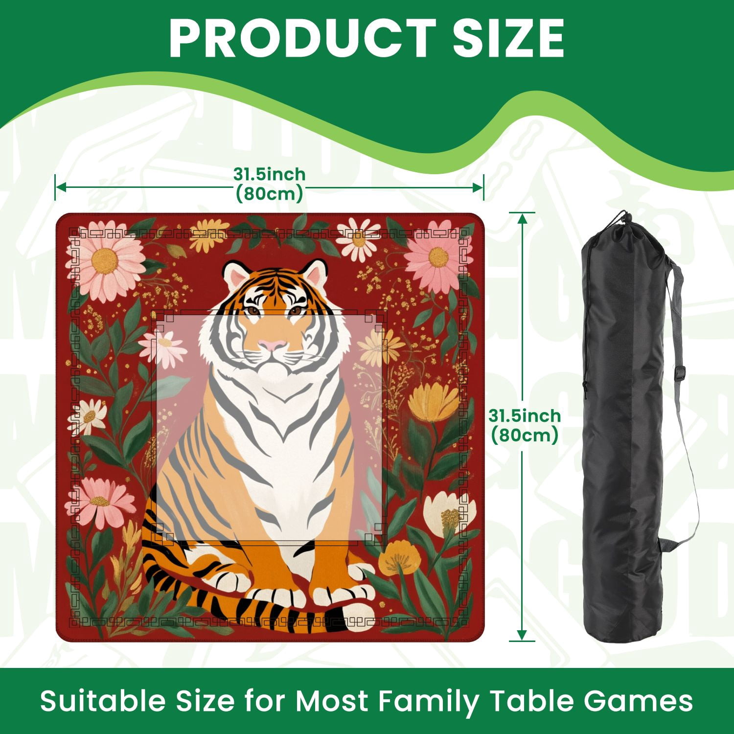 Mahjong Mat 31.5" x 31.5" Majestic Tiger Sitting Among Colorful Flowers Red Illustrated Nature Non-Slip Noise Reduction American Mahjong Tiles Table Cover for Dominoes Poker Card Board Games Gift