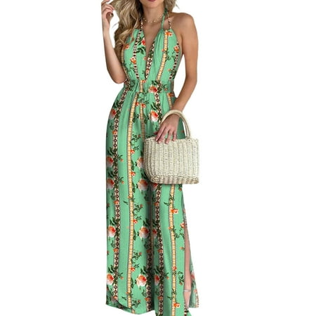 

Bmnmsl Women Floral Backless Romper Sleeveless Deep V-neck Jumpsuit