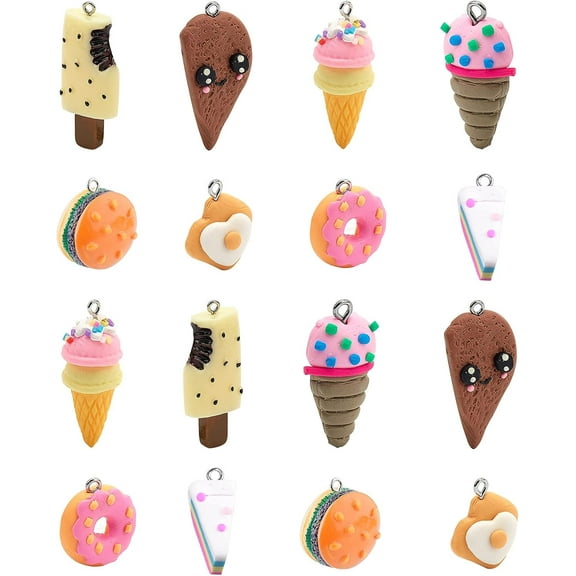1box 32pcs 8 Shapes Polymer Clay Pendants Handmade Food Theme Polymer Clay Pendant for Phone Straps Key Bag Charms