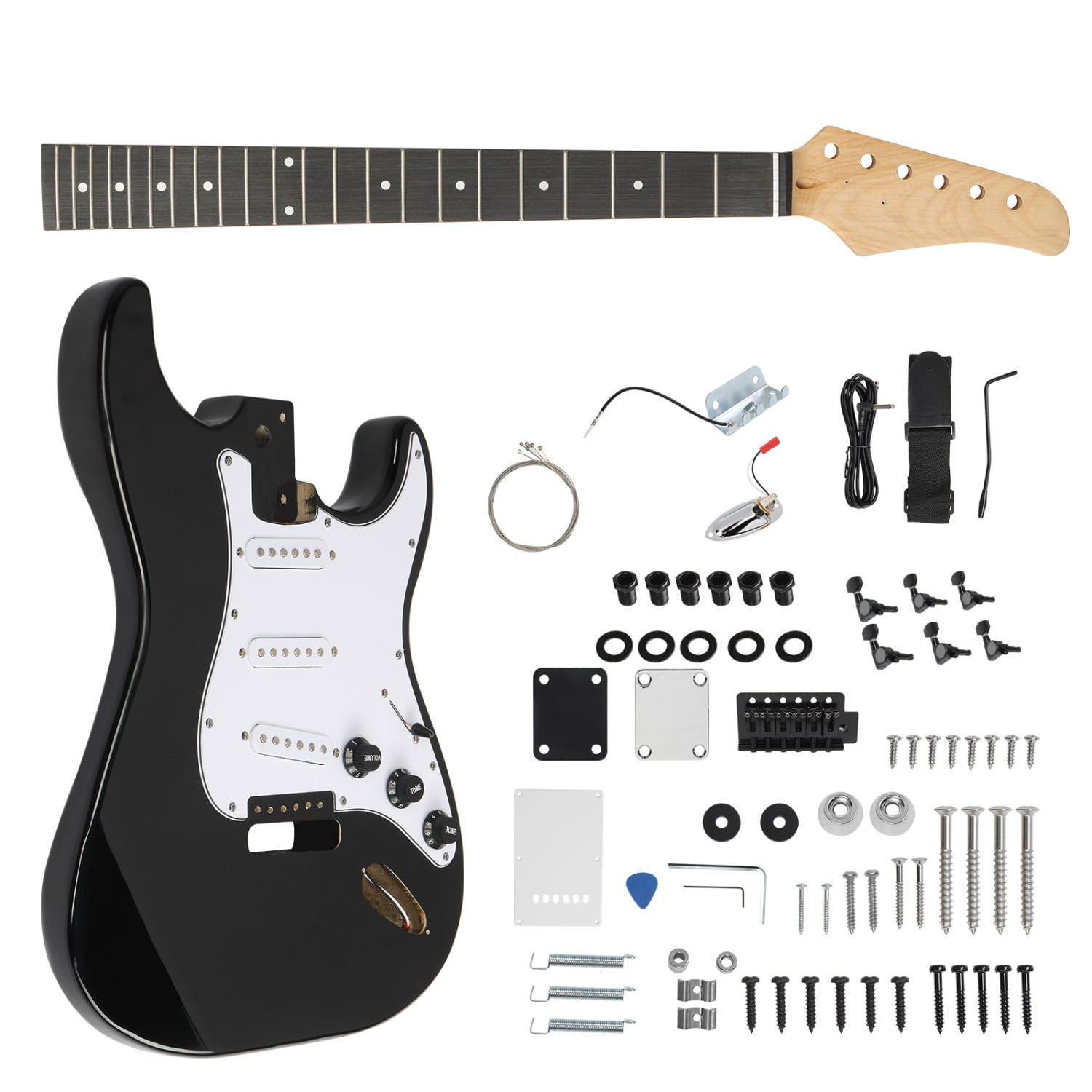 DIY 6 String ST Style Electric Guitar Kits with Mahogany Body, Maple Neck and Accessories Black