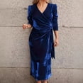thumbnail image 6 of Quixlent Women Autum Spring Dress Cross V Neck Solid Color Lace-up Tight Waist Velvet Mid-calf Length Long Sleeves Pleated Dating Commuting Midi Dress, 6 of 8