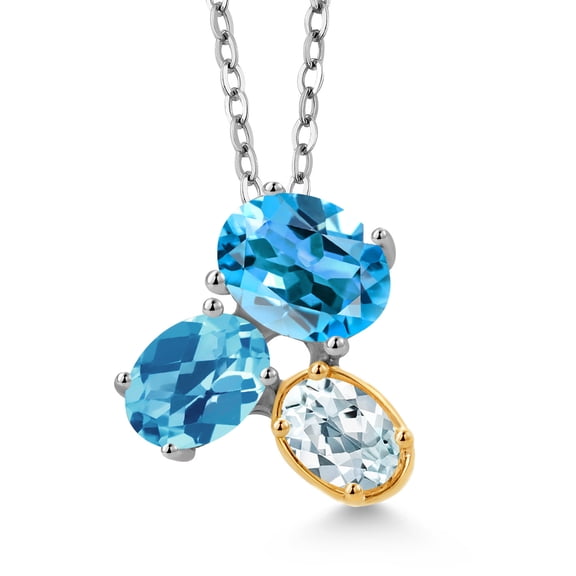 925 Silver and 10K Yellow Gold Swiss Blue Topaz and Sky Blue Aquamarine Pendant Necklace for Women (3.00 Cttw, Oval 8X6MM, 7X5MM and 6X4MM, Gemstone November Birthstone, with 18 inch Chain)