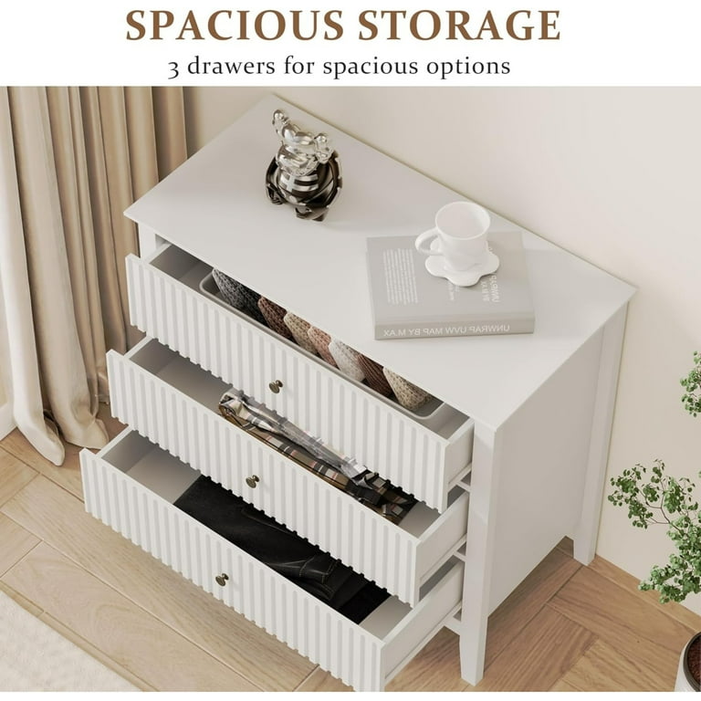 May in Color White 3 Drawer Dresser Painted 30 inch Tall Wood Nightstand with Storage Wide Modern Chest of Drawers with Ball Bearing Slide for