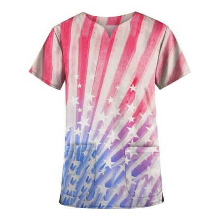 

TKing Fashion Womens Summer Plus Size Independence Day Short Sleeve V-Neck Printed Tops Scrub Loose Working T-Shirt with Pocket Pink 5XL