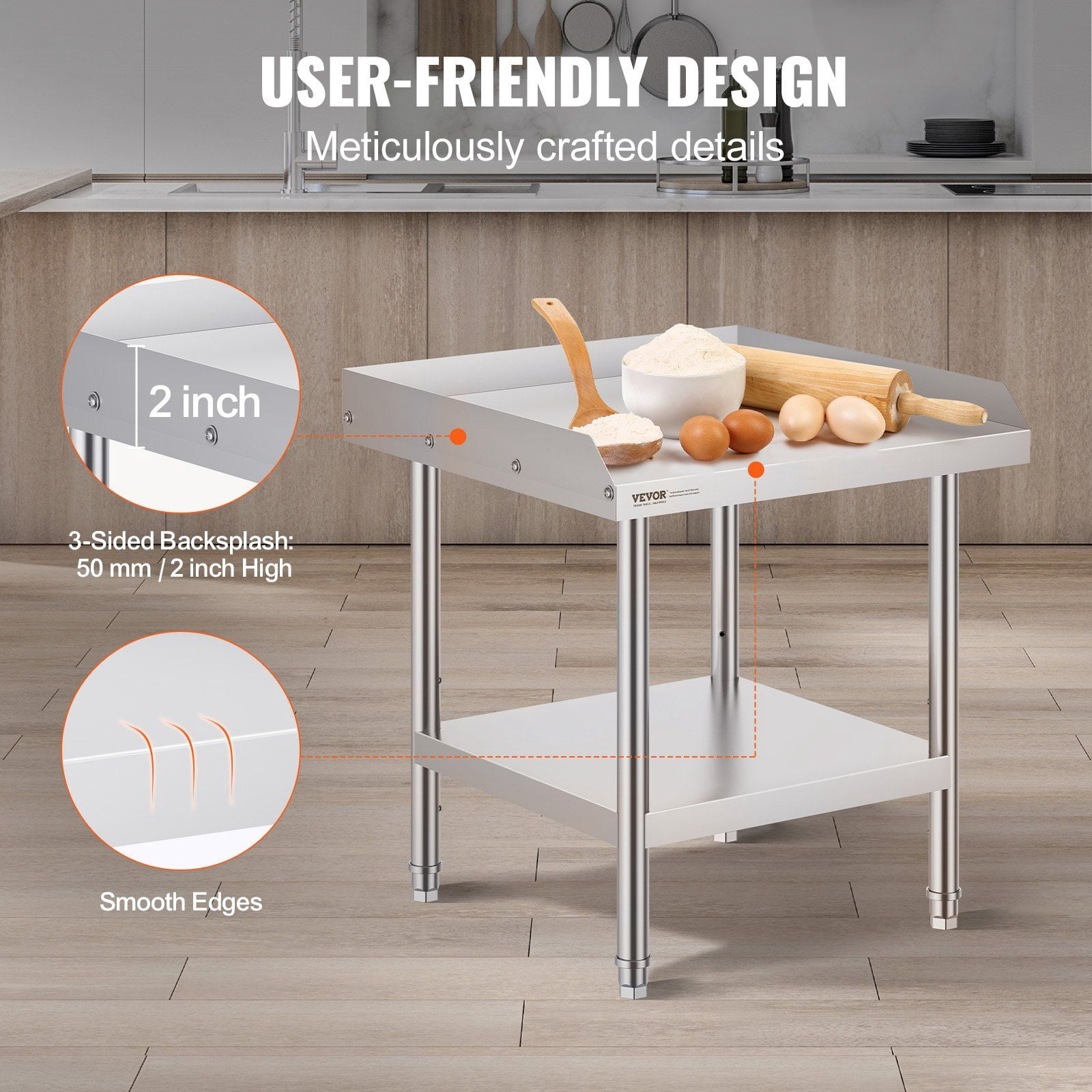 Stainless Steel Commercial Food Prep Worktable 24x24x26 Inch Adjustable Height Heavy Duty Metal Work Table with 3 Sided Backsplash for Restaurant Home Hotel
