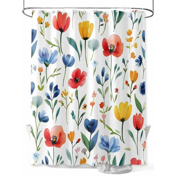 Colorful Poppies Extra Long Shower Curtain Set, Waterproof Shower Curtains for Bathroom, Orange Blue Flowers Leaves Washable Fabric Cloth Bath Curtain for Bathtub Decoration with Hooks 72x96 Inches