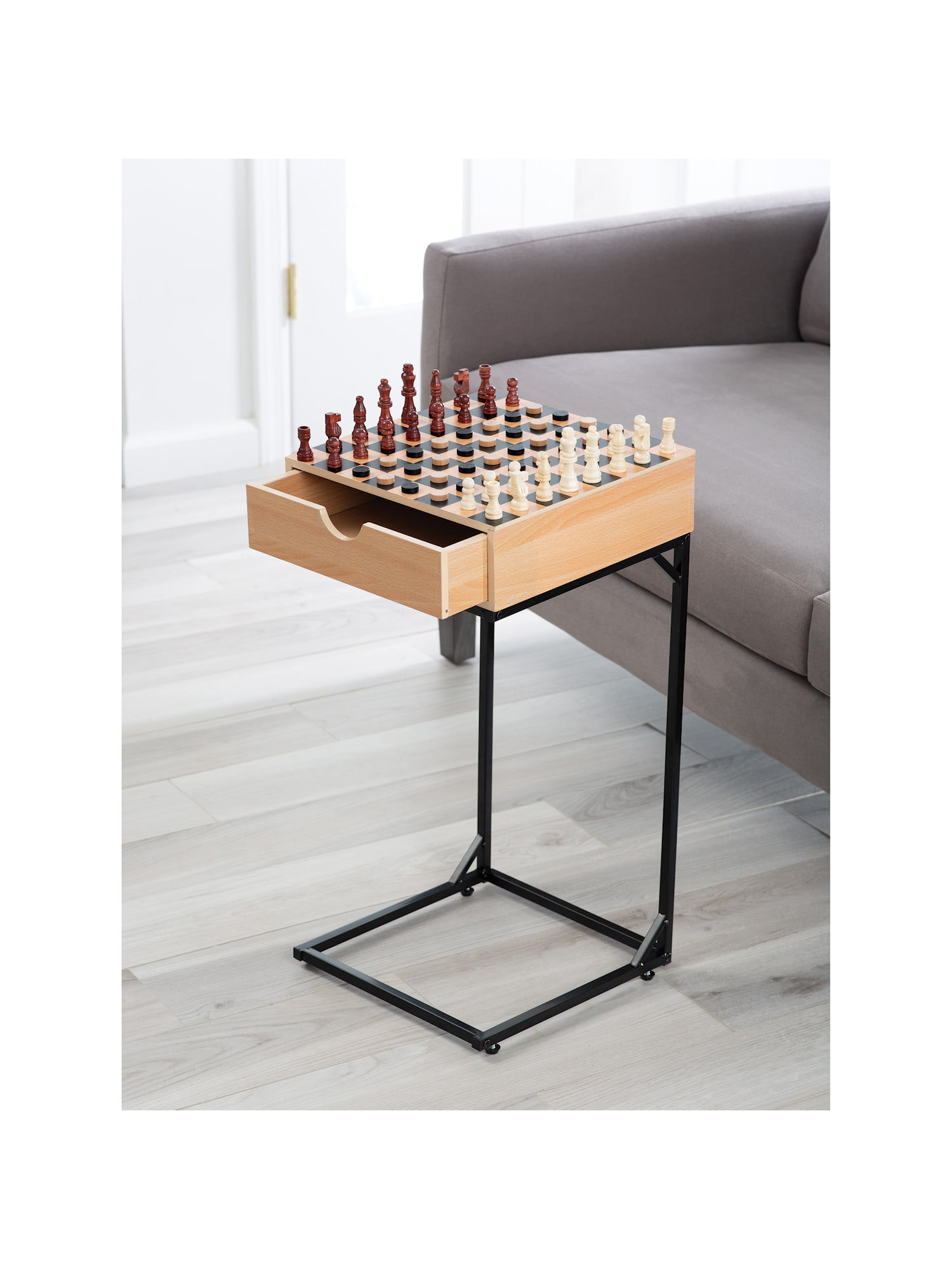 Octagonal Wooden Chess and Checkers Set with Storage Drawers Indoor Board Game 