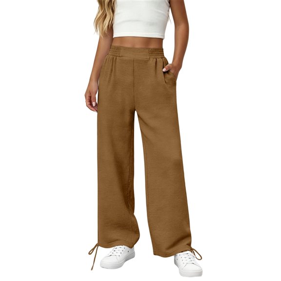 Generic Girls Sweatpants Kids Drawstring Hem Oversized Pants Teen Girls Wide Leg Baggy Pants Pockets Classic Elastic Waist Trousers