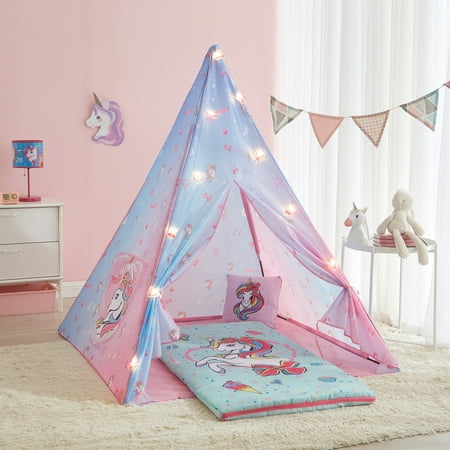 Nickelodeon JOJO Siwa 4 Piece Sleepover Party Set with Tent, Slumber Bag, Pillow & Bonus String Lights