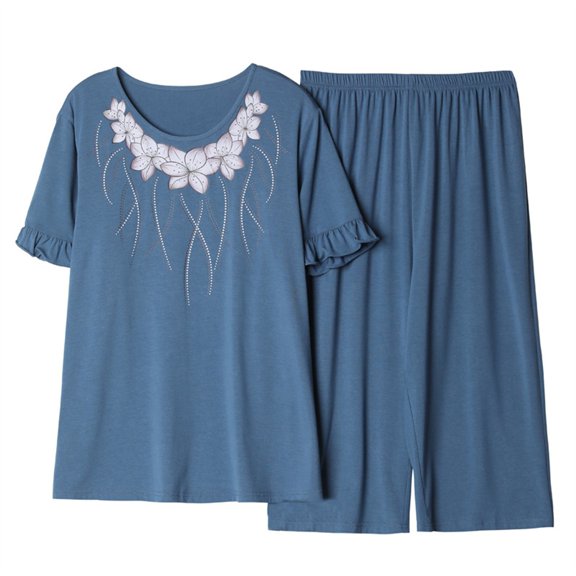 Blmnix Sleepwear Sets Pjs Sets for Women Plus Size Pajamas Linen Pajamas Pajamas Crew Neck Short Sleeve Blue Cropped Womens Summer Pajamas,L