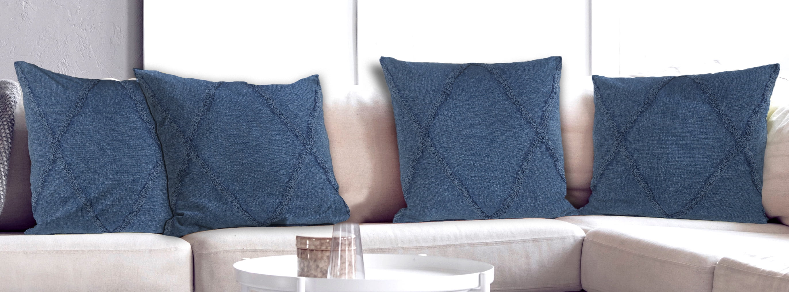 Ox Bay Sara Set of 4 Shag Diamond 18" x 18" Coronet Blue Cotton Adult Decorative Throw Pillow Covers