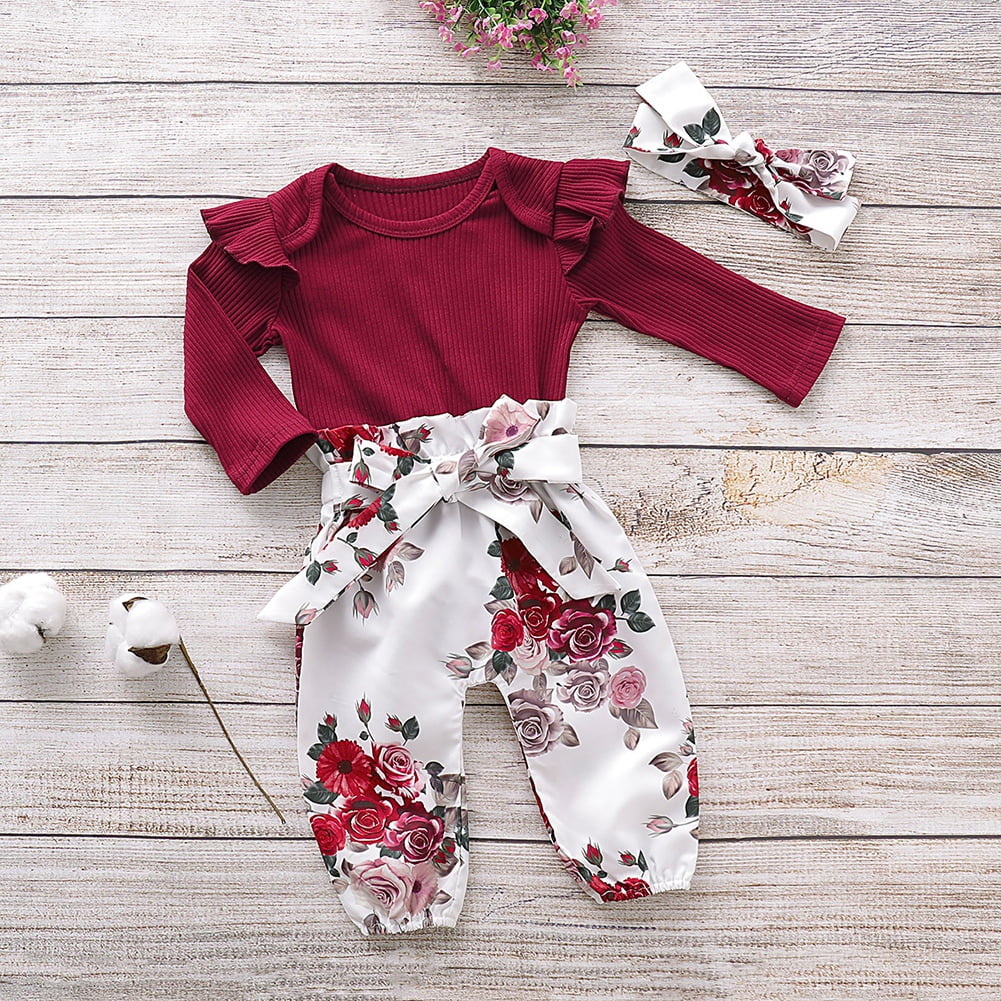 Headband 3 Pieces Toddler Baby Outfits 0-18 Months Infant Newborn Baby Casual Clothing Set Pleated Shoulder Romper Playsuit Jumpsuit Floral Long Trouser