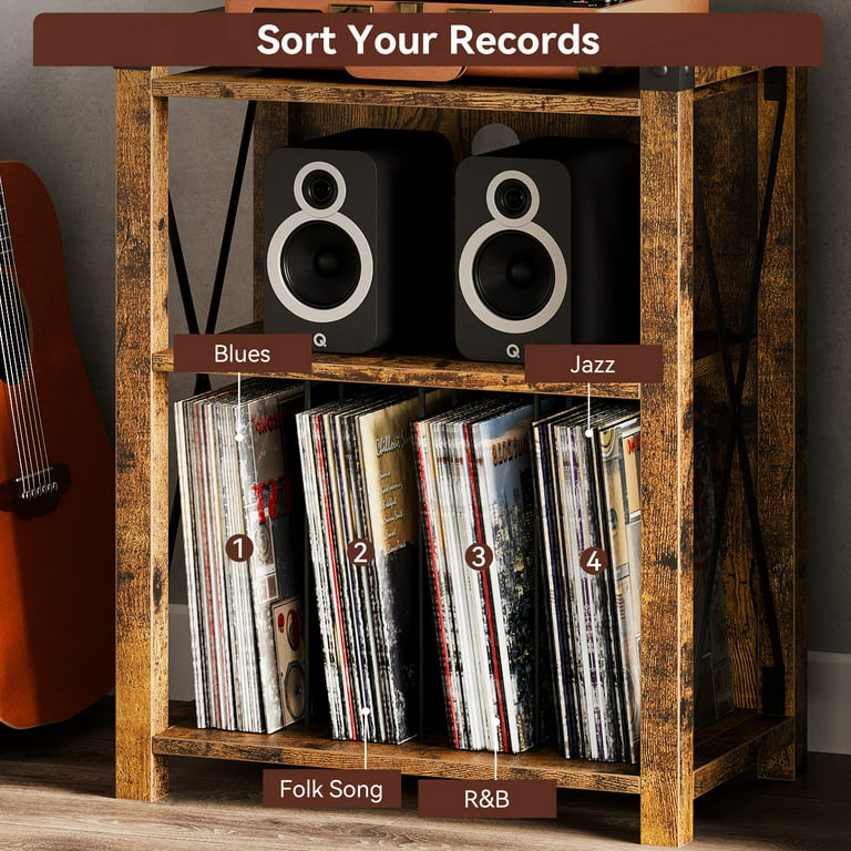 Juiluna Record Player Stand with Storage, Vintage Wooden Turntable Stand  with X Metal Frame, 3-Tier Rustic Record Player Side Table for Living Room,  Bedroom, Office - Rustic Brown 