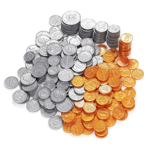 Pack of 250 Play Coin Set - Includes 10 Half-Dollars, 40 Quarters, 50 Dimes, 50 Nickels, 100 Pennies Fake Plastic Coins - Pretend Money - Great Teaching Tool, Prop, Kids Toy, 0.98 Inches in Diameter