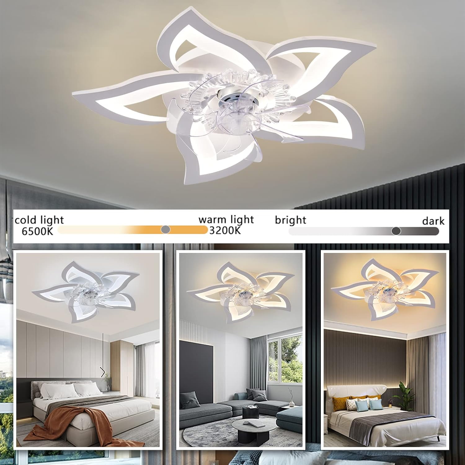 JLPAN Low Profile Ceiling Fan with Lights, Modern Dimmable Flower Shape, Remote Control/app Control, 6 Speeds 3 Light Color Flush Mount Ceiling Fan for Kitchen Bedroom,White