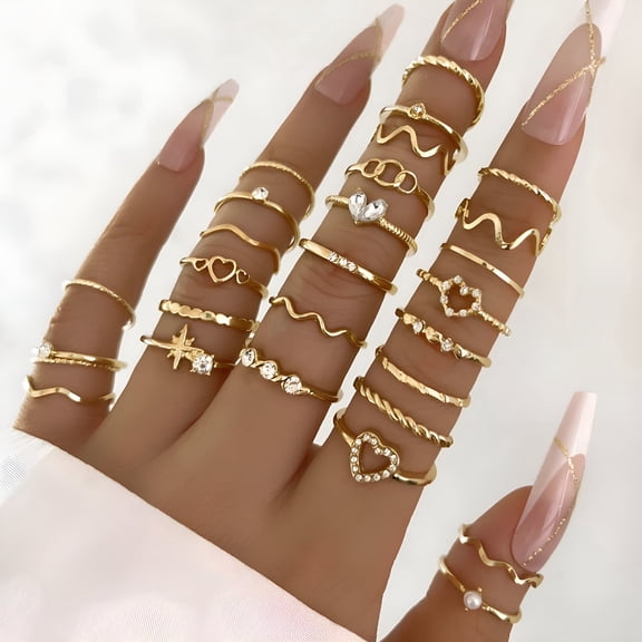 Designice 28 Packs Stackable Gold Rings for Women, Gold Stacking Ring Set Vintage Boho Ring Set Butterfly Heart Pearl Rhinestone Stackable Statement Rings for Women