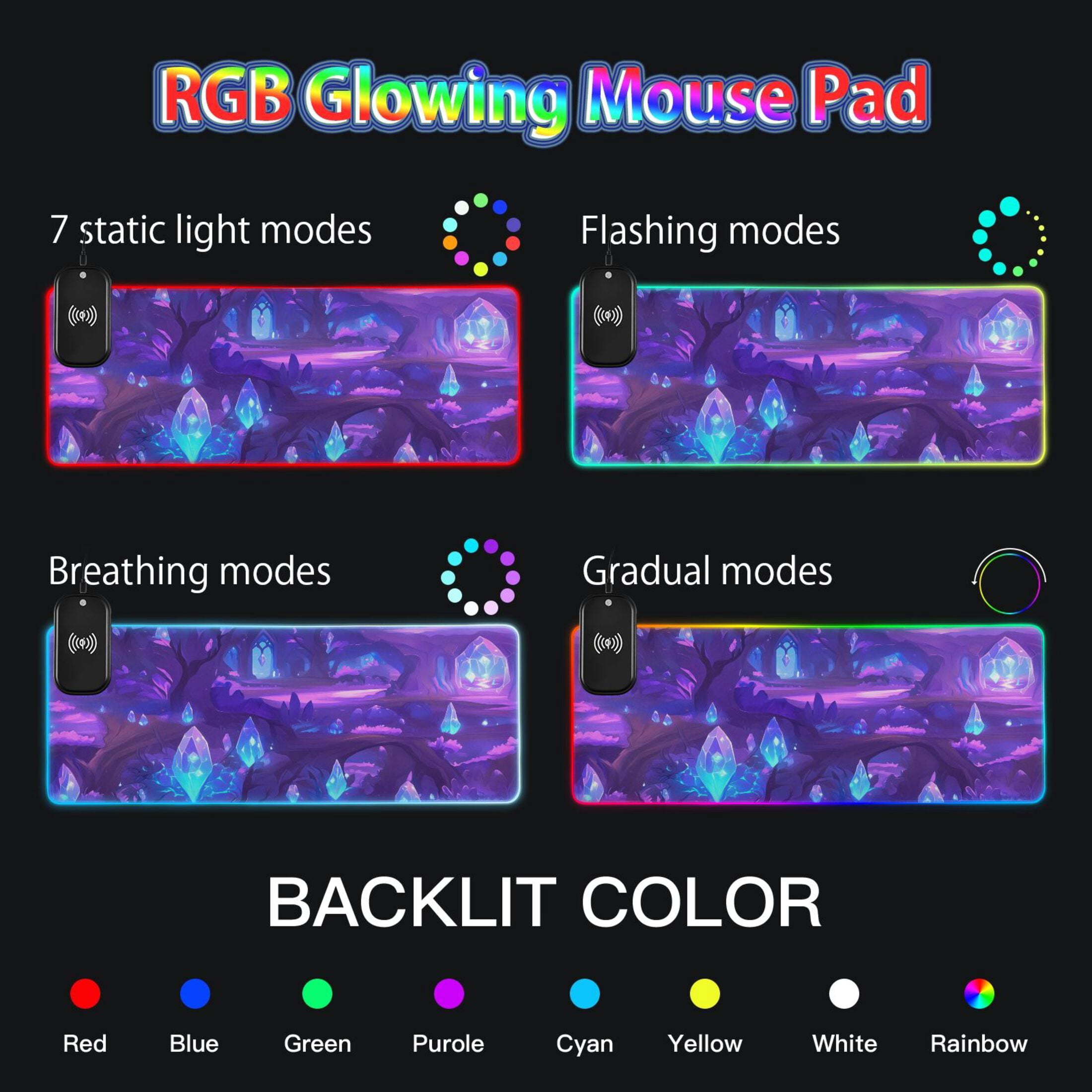 Purple Crystal Forest Large RGB Gaming Mouse Pad with Fast Wireless Charging, 31.5''x11.8''