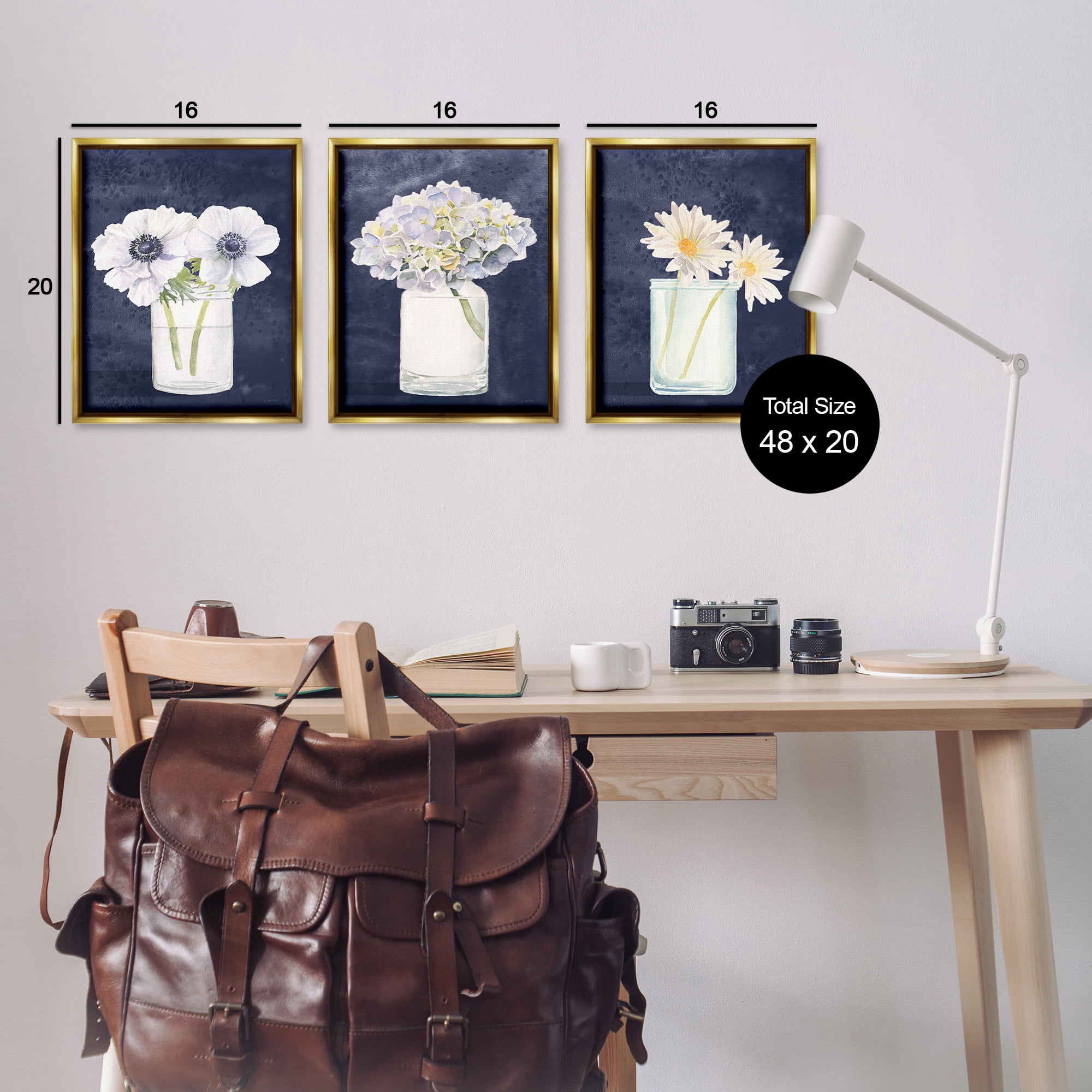 Stupell Industries Navy Blue Flower Bouquets Botanical & Floral Painting Gold Floater Framed Canvas Art Print Wall Art, 17 x 21, Set of 3