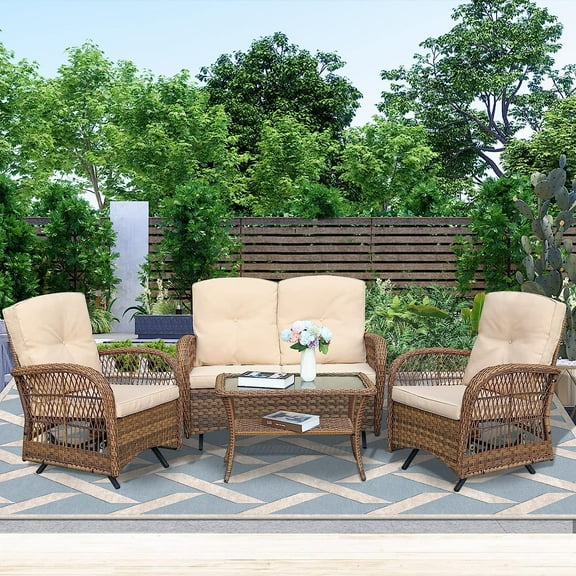 W WARMHOL 4 Pieces Outdoor All Weather Furniture Wicker Patio Conversation Cushioned Sofa Set with Glider Loveseat/2 Rocking Glider Chairs/Matching Glass Coffee Table for Garden, Backyard, Poolside