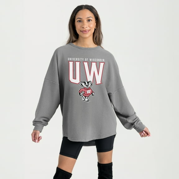 Women's Gameday Couture Gray Wisconsin Badgers Oversized Pure Motion Corded Sweatshirt