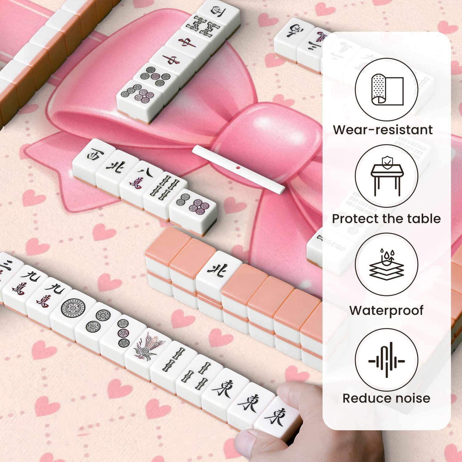 Mahjong Mat 31.5" x 31.5" Cute Pink Ribbon Bow Heart Non-Slip Noise Reduction Mahjong Tiles Table Cover for Dominoes Poker Card Board and Tile Games