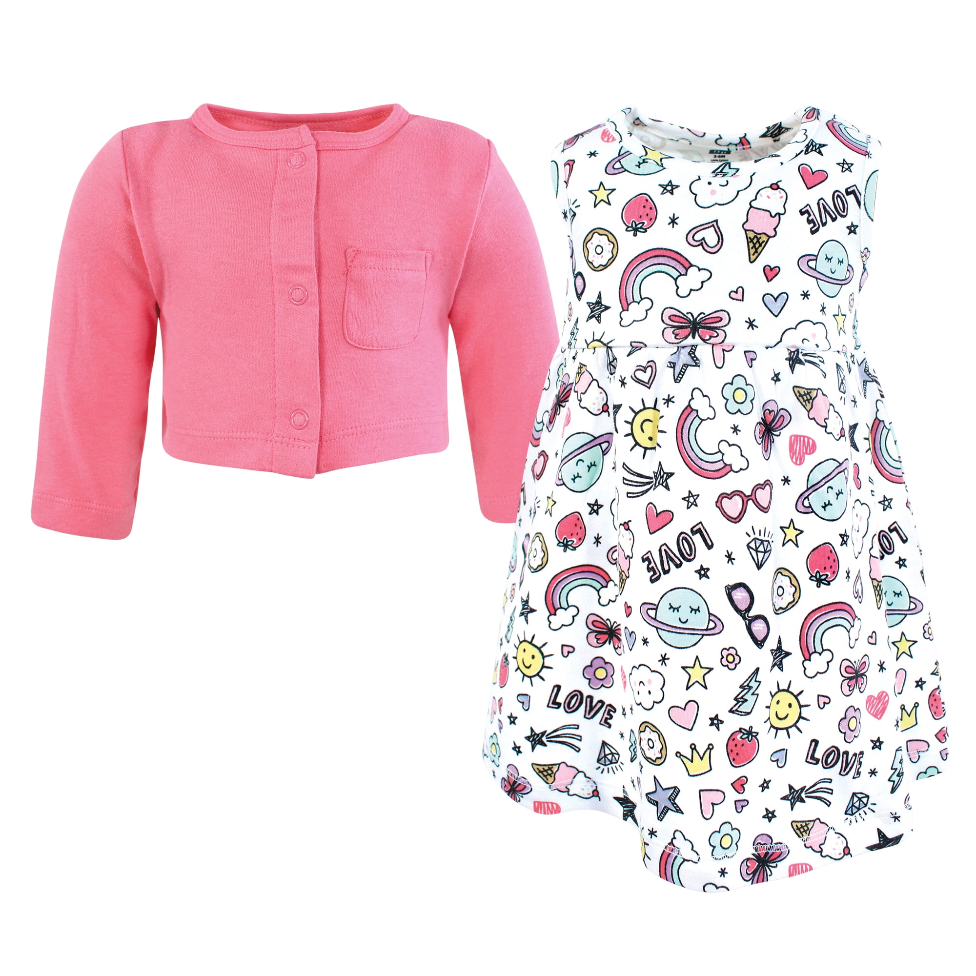 Hudson Baby Infant and Toddler Girls Cotton Dress and Cardigan Set, Pink Doodles, 4T