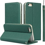 iCoverCase Genuine Leather Case for iPhone 6s Plus/iPhone 6 Plus, Wallet Case with Wrist Strap and Card Slots Magnetic Closure Kickstand Feature Flip Cover for iPhone 6s Plus/6 Plus (Green)