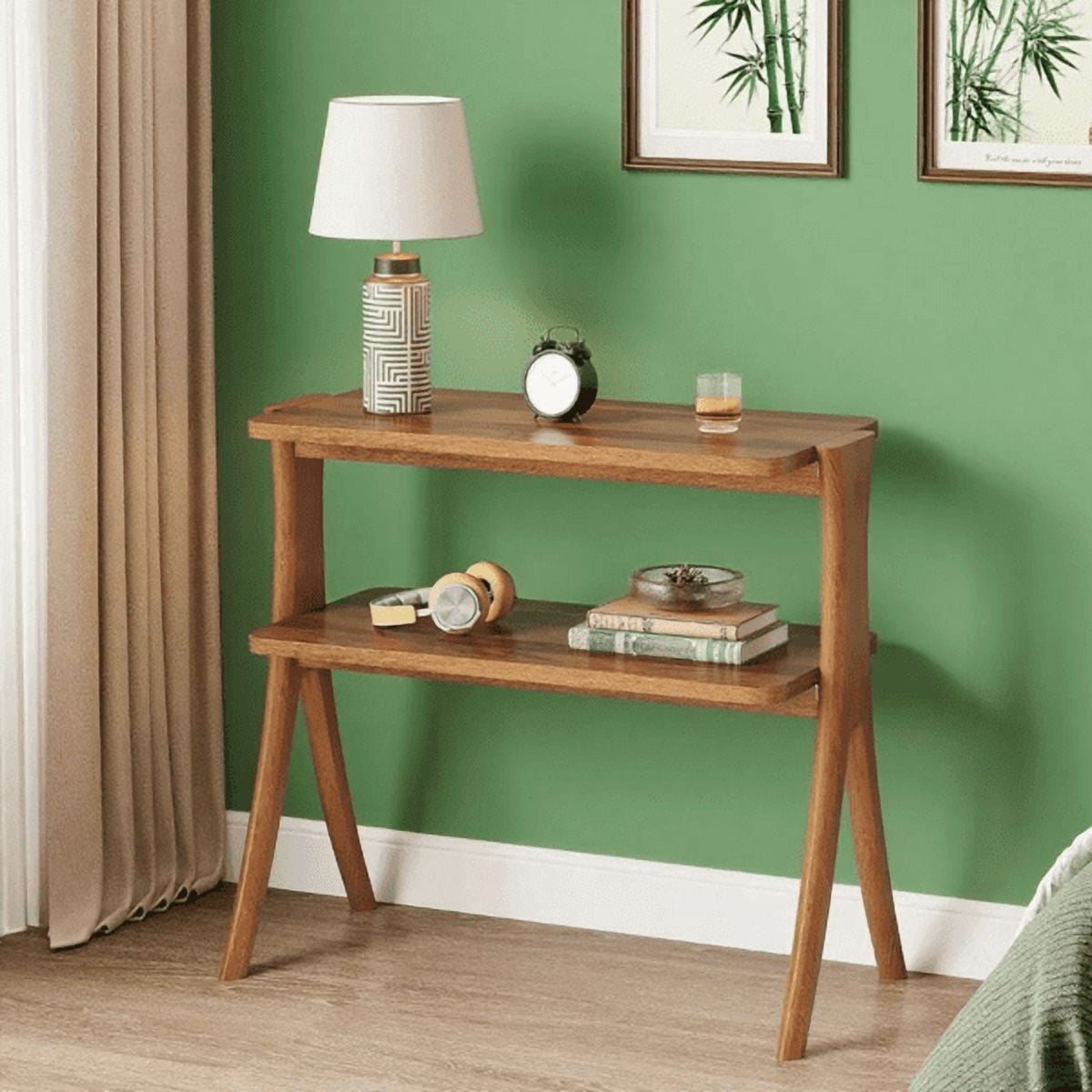 2-Tier Narrow Side Table, Walnut Wood Grain, Herringbone Legs for Living Room/Bedroom/Entryway