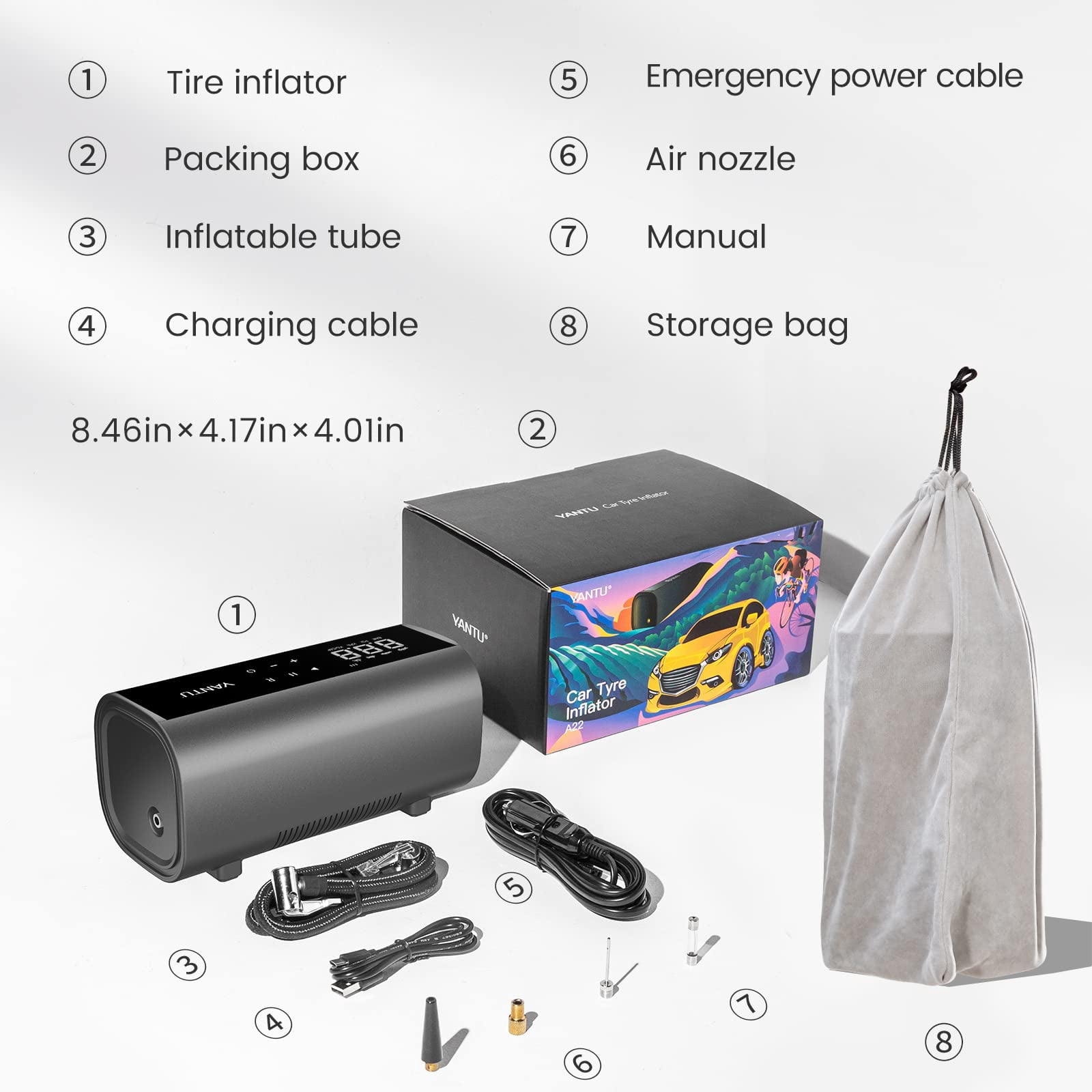 YANTU Cordless Tire Inflator Portable Air Compressor Air Pump For Car Tires,Tire Pump Battery Powered, Dual Cylinder 2X Inflation,tire pressure gauge with 8.3Inch Digital Screen for bicycle/Pickup/SUV