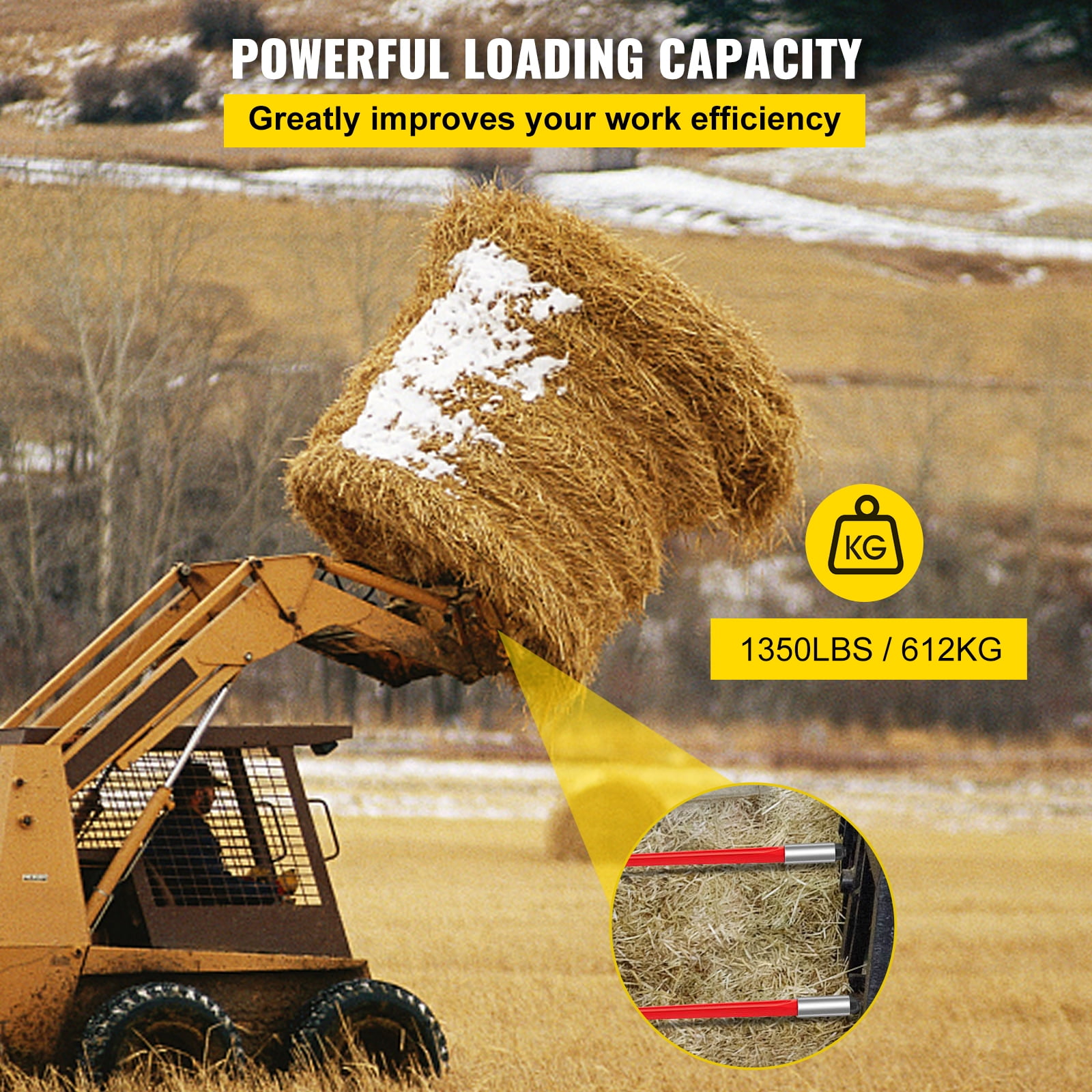 KFFKFF Hay Spear 32" Bale Spear 1350 lbs Capacity, Bale Spike Quick Attach Square Hay Spear Conus 1 3/8" Wide Coated Bale Forks with Hex Nut & Sleeve for Bobcat Tractors (Red)