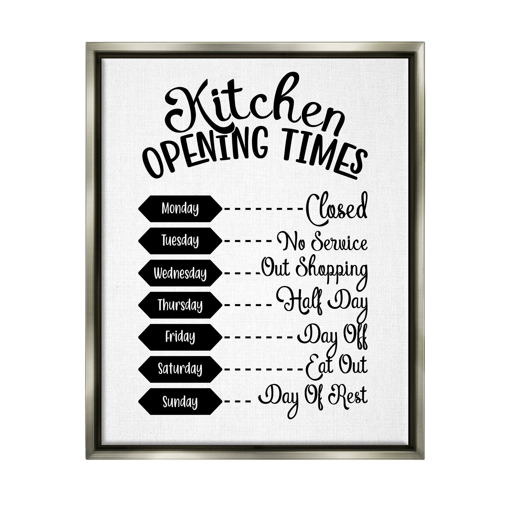 Stupell Industries Kitchen Opening Times Humorous Antique Text Style Graphic Art Luster Gray Floating Framed Canvas Print Wall Art, Design by Lettered and Lined