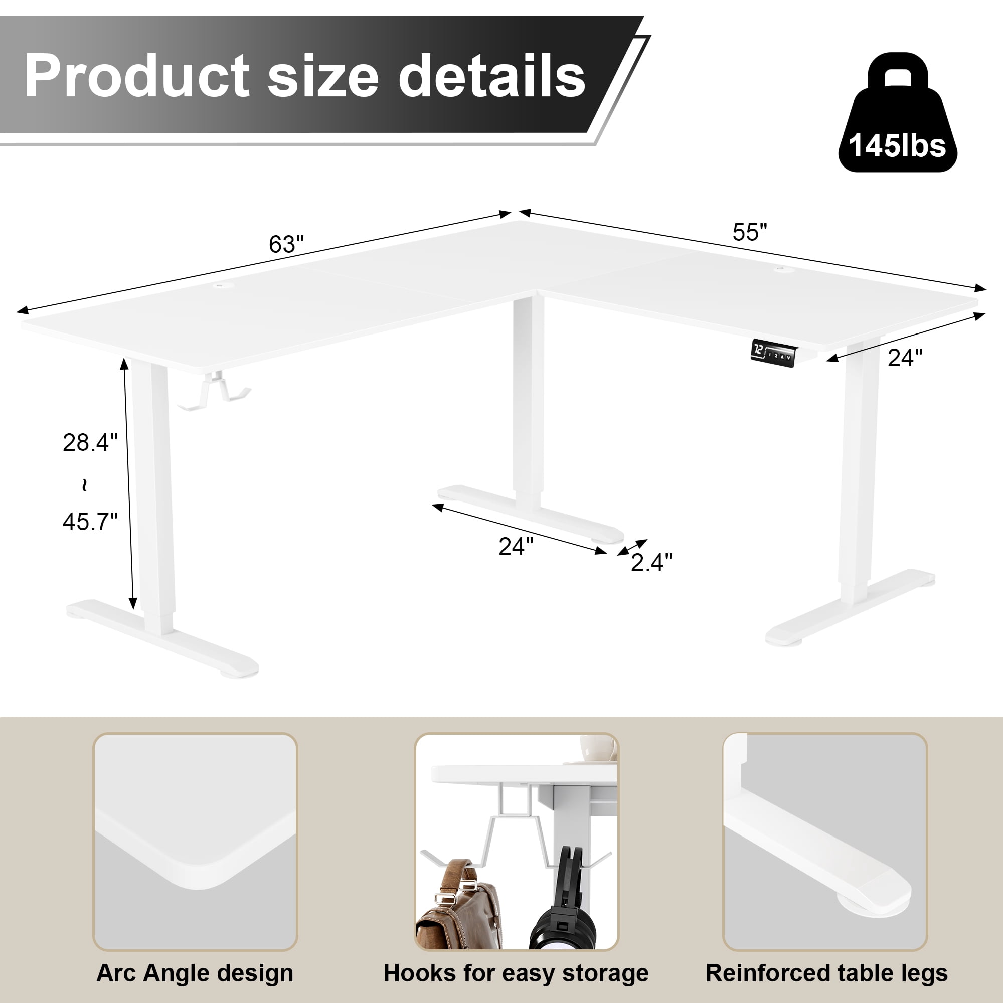 Homall 63in Wide L-shaped Electric Sit-Stand Desk Lifting Range 28~46in Height Gear Memory Ergonomics Standing Desk Height Adjustable Computer Desk, White