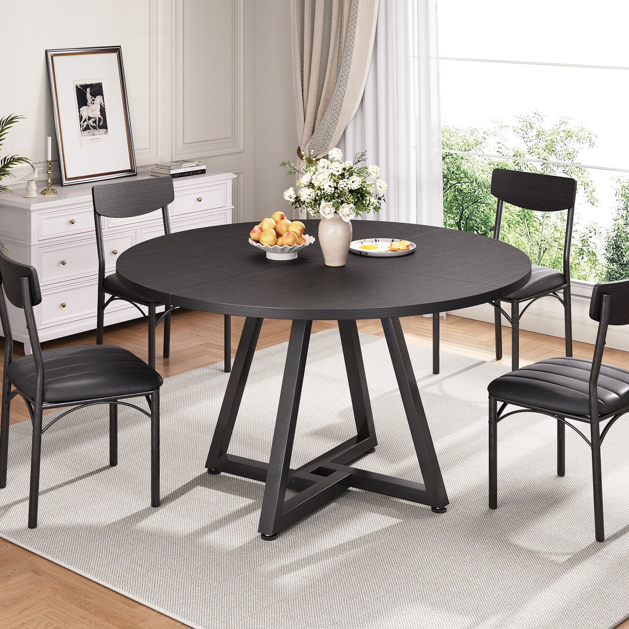 Anyact 51in Round Dining Table for 6-8 Persons, Circle Dinner Table Pedestal Metal Frame, Kitcen Table Sturdy Wood Kitchen & Dining Room Furniture, Black(Only table)