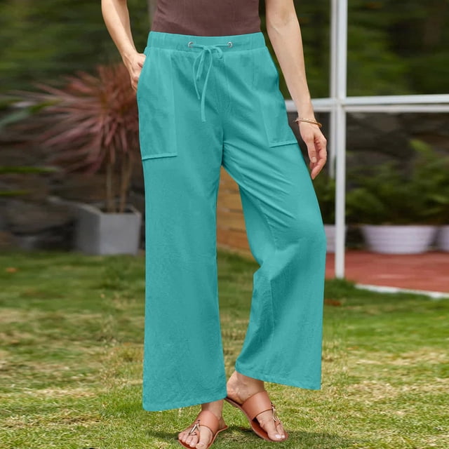 Benke Womens Linen Pants Wide Leg High Waisted Drawstring Casual Loose Pants with Pockets