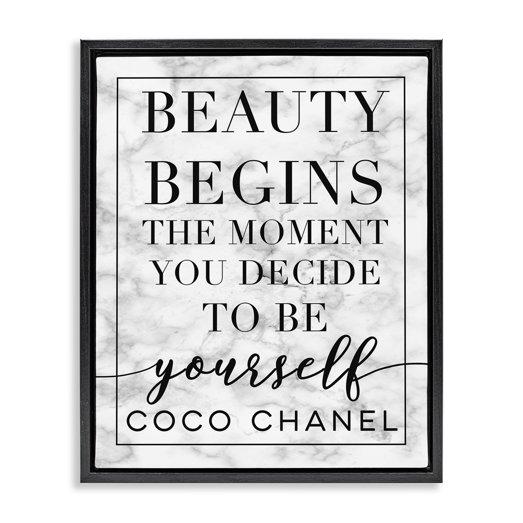 Stupell Industries Beauty Begins Once You Decide To Be Yourself White Marble Typography Jet Black Framed Floating Canvas Wall Art, 16x20, by Daphne Polselli