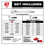 Milwaukee 48-22-9487 47pc 1/2 Drive Ratchet & Socket Set, PACKOUT Compatible