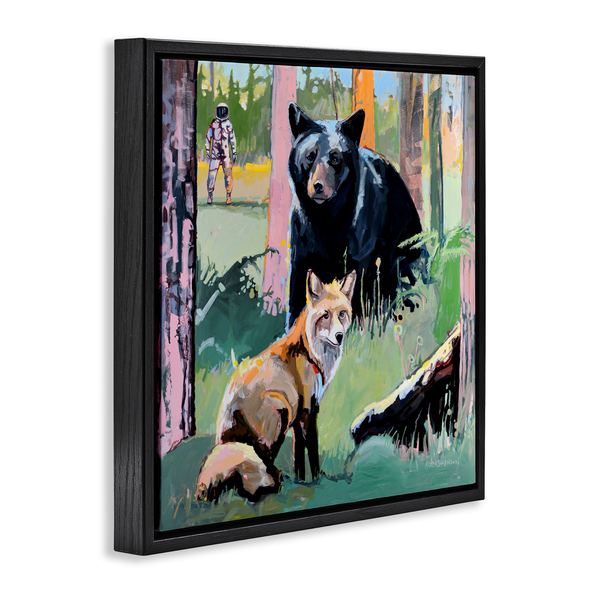 Forest Animals in Deep Space Black Framed Floater Canvas Wall Art, design by Adam Swanson