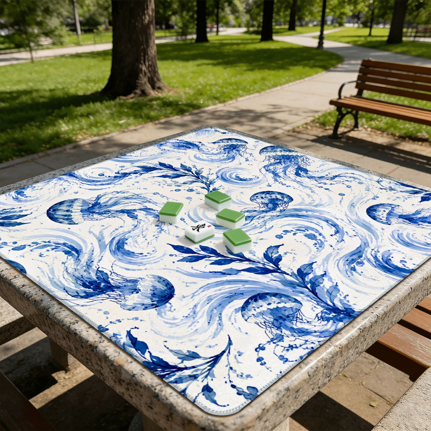 Mahjong Mat 31.5" x 31.5" Blue Watercolor Fish Flowing Fins Swirling Waves Non-Slip Noise Reduction American Mahjong Tiles Table Cover for Dominoes Poker Card Board Games Gift
