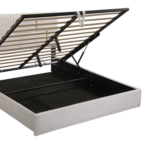 Lit Plateforme Rembourré Format Grand avec Système de Rangement Hydraulique, Aucun Sommier Requis, Beige