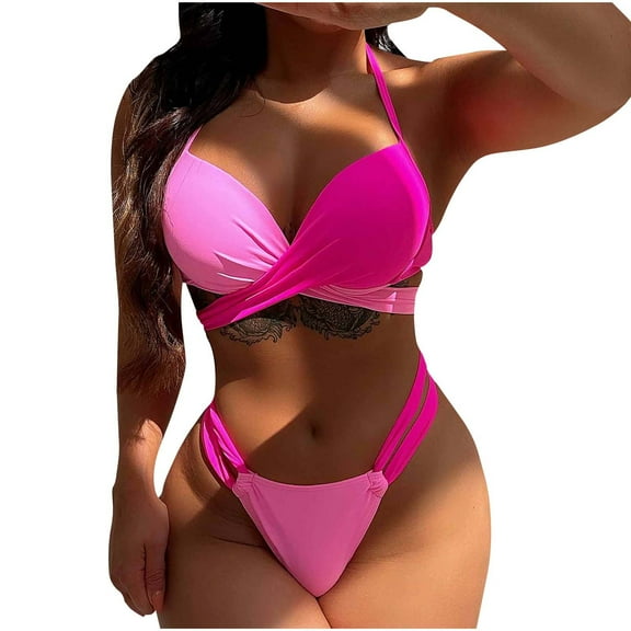 Gpaecead Womens Swimsuits Solid Color Triangle Bikini Beach Sets String Swimsuit Spaghetti Strap Bathing Suits M Pink